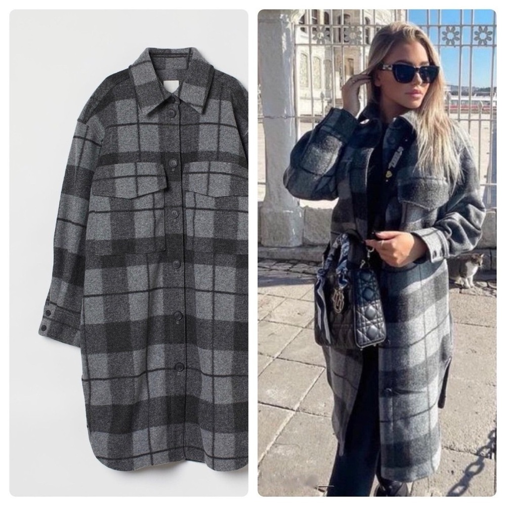 NWOT H&M Long Shirt Jacket Shacket Lightweight Coat Plaid Gray & Black